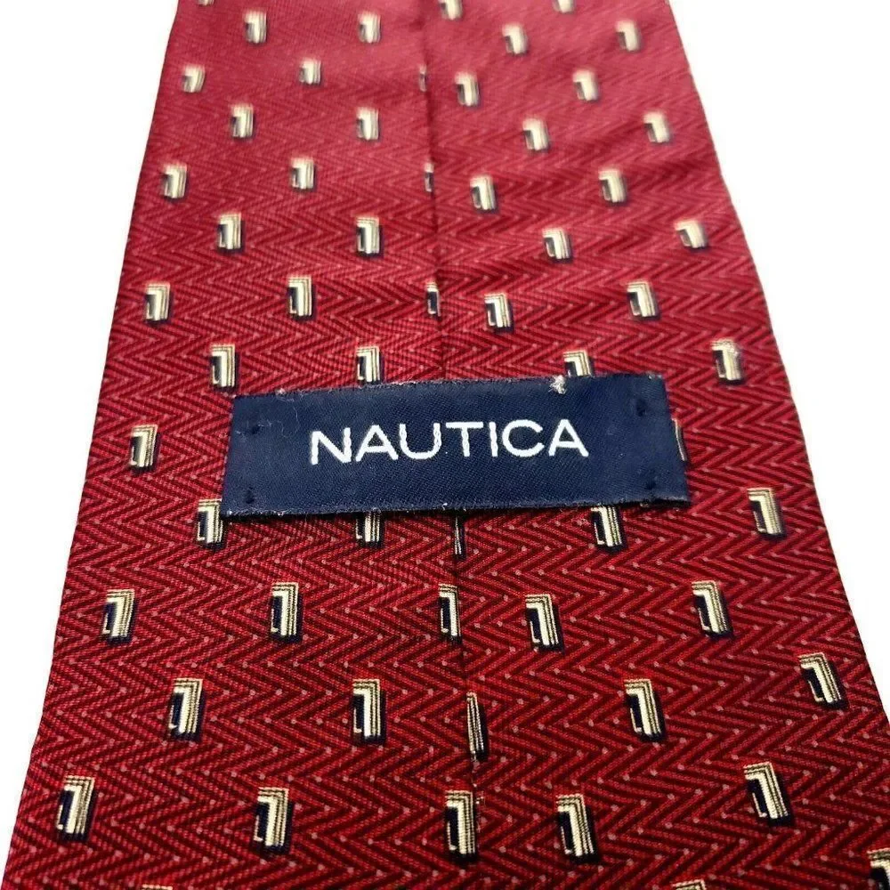 Nautica Red Silk Tie Woven Short Wide‎ Geometric Herringbone